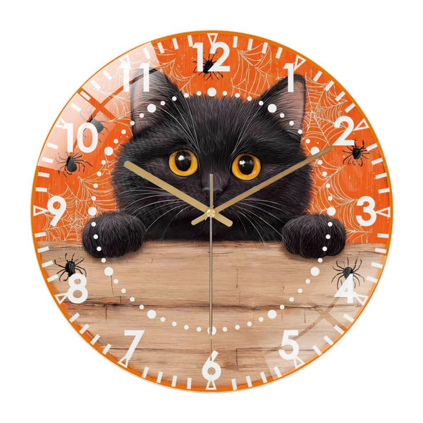 Decor Wall Clock: Cute Black Cat Peeking Over Glass Wall Clock, Spooky Halloween- Cute Cat Decor Wall Clock  for Homes, Bars, Offices, Man Caves, Garages, And Living Rooms .Also Makes A Great Gift.