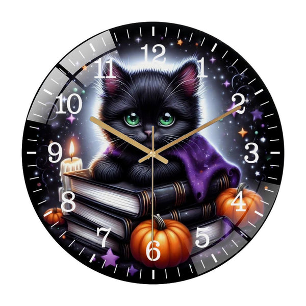 Decor Wall Clocks: Black Cat And Pumpkin Round Glass Wall Clock, Black And Purple Halloween Cat Wall Clock for Homes, Bars, Offices, Man Caves, Garages, And Living Rooms. Also Makes A Great Gift.
