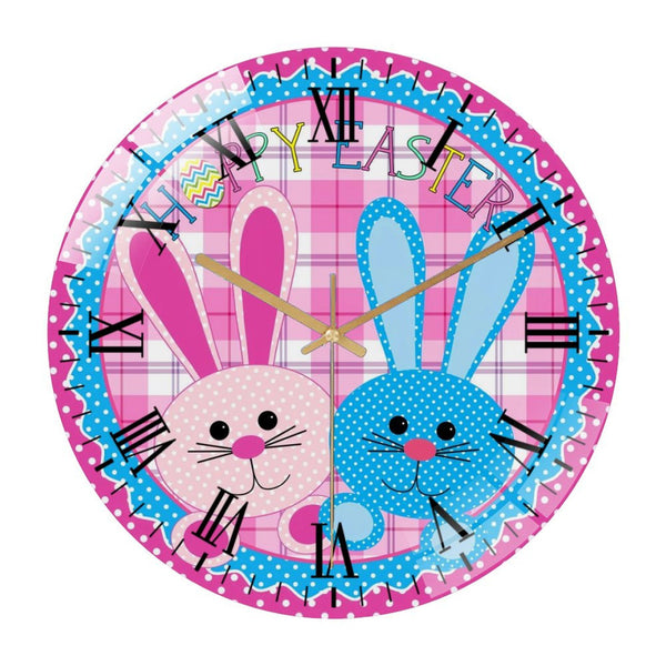 Decor Wall Clocks: Happy Easter Buffalo Check Bunny Glass Wall Clock ，Round Rabbit   Wall Clock for Homes, Bars, Offices, Man Caves, Garages, And Living Rooms. Also Makes A Great Gift.