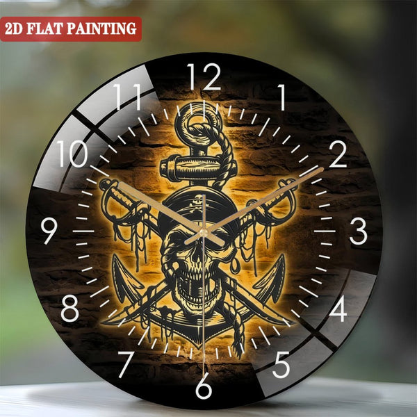 Clocks Wall Decor: Pirate Skull Swords Anchor Glass Wall Clocks, Pirate Ship Glass Wall Clocks, Home Decor Skeleton Piracy Nursery Decoration Birthday Housewarming Style 12×12inch(30×30cm)