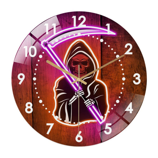 Decor Wall Clock: Skull Decor Hallo-ween Glass Wall Clock– Skeleton Wall Art Grim Reaper Halloween Decor Wall Clock for Haunted House & Party Decor for Homes, Bars, Offices, Man Caves, Garages