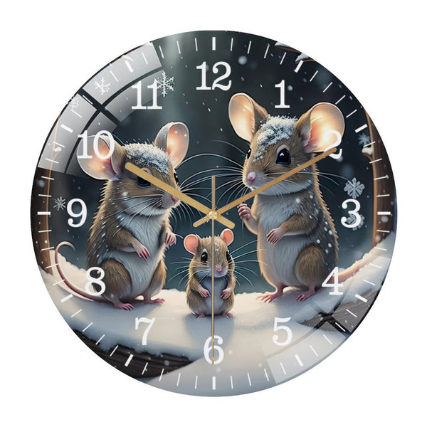 Decor Wall Clocks: Christmas Mouse Snowy Trio  Glass Wall Clock,  Outdoor Winter Scene, Snowflakes  Wall Clock for Homes, Bars, Offices, Man Caves, Garages, And Living Rooms.