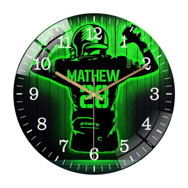 Decor Wall Clocks: Football Player Glass Wall Clock, Football Room Decor Wall Clock,Football Team Gift, Player  Wall Art,Sport Lover Gift Style 12×12inch(30×30cm)