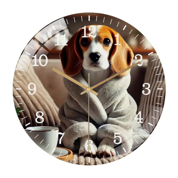 Decor Wall Clocks: Beagle in A Bathrobe  Glass Wall Clock ,Dog Lover . Pet Portrait Wall Clock  for Homes, Bars, Offices, Man Caves, Garages, And Living Rooms. .Also Makes A Great Gift.