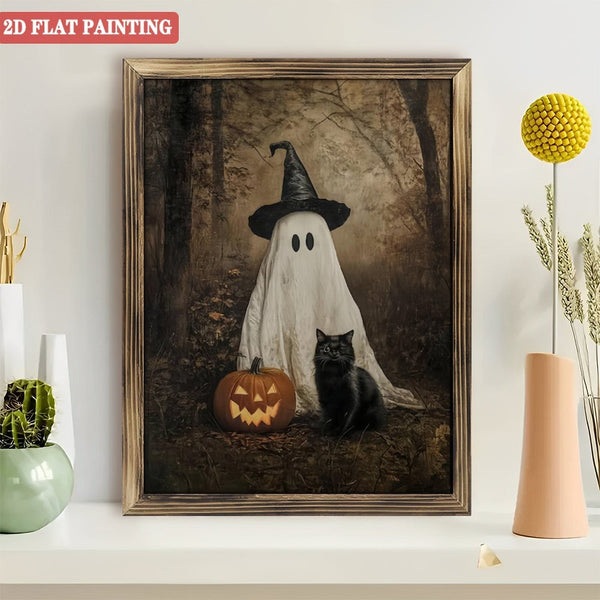 Room Decor Wood  Art Prints: Vintage Halloween-Cute Ghost & Black Cat in Dark Fall Forest Wood Wall Art, Spooky Halloween Wood  Art Prints , Witchy Moody Art Wood  Art Prints  12x16inch