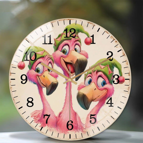 Decor Wall Clocks: Funny Fla-mingo Wearing Elf Hat  Glass Wall Clock,  Christmas Flamingo Decor Wall Clock  for Homes, Bars, Offices, Man Caves, Garages, And Living Rooms .Also Makes A Great Gift.