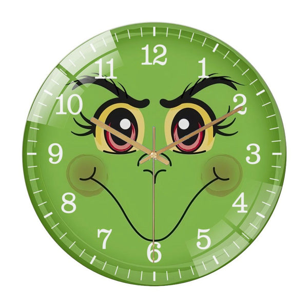 Decor Wall Clocks: Christmas Green Monster Face  Glass Wall Clock  for Homes, Bars, Offices, Man Caves, Garages, And Living Rooms. Also Makes A Great Gift. Style 12×12inch(30×30cm)