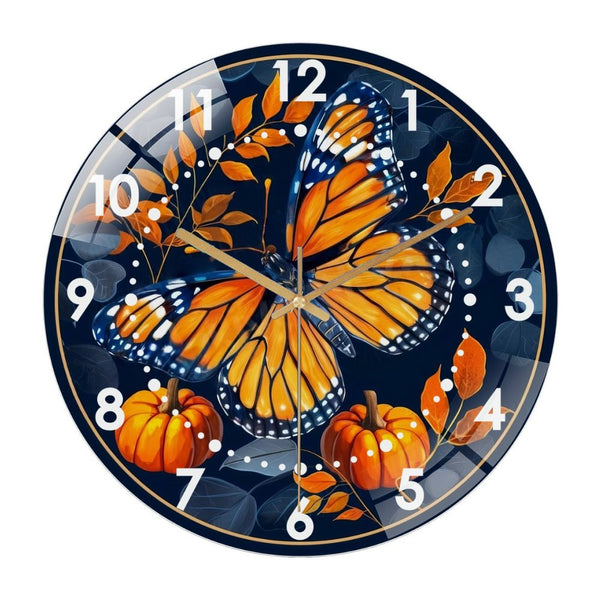 Decor Wall Clock: Fall Butterfly  Pumpkin Glass Wall Clock,Butterfly  Decor Wall Clock  for Homes, Bars, Offices, Man Caves, Garages, And Living Rooms .Also Makes A Great Gift.