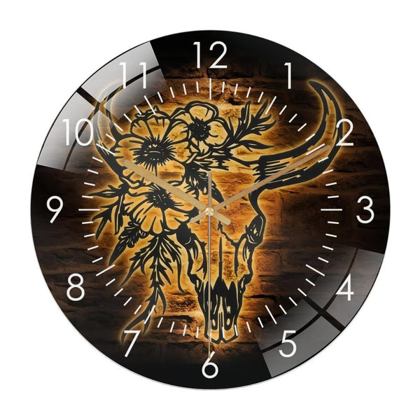 Decor Wall Clocks: Floral Longhorn Bull Skull Glass Wall Clock， Cowgirl Western Life Glass Wall Clock， Home Decor Flower Buffalo Decoration Christmas Housewarming Style 12×12inch(30×30cm)