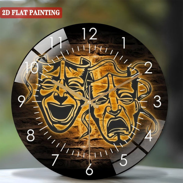 Decorative Clocks: Comedy And Tragedy Glass Wall Clock,Theater Lounge Glass Wall Clock,Home Decor Drama Decoration Man Cave Birthday Housewarming Gift Style 12×12inch(30×30cm)