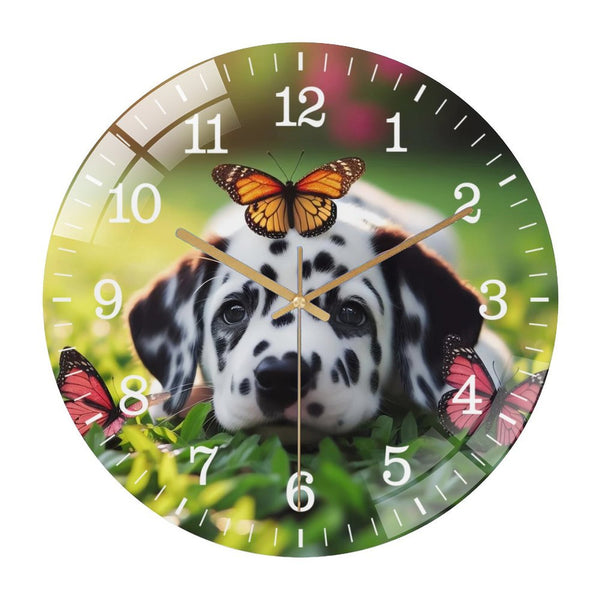 Decor Wall Clocks: Dalmatian with Butterfly on Nose Curious Glass Wall Clock ,Dog Lover  Wall Clock  for Homes, Bars, Offices, Man Caves, Garages, And Living Rooms.