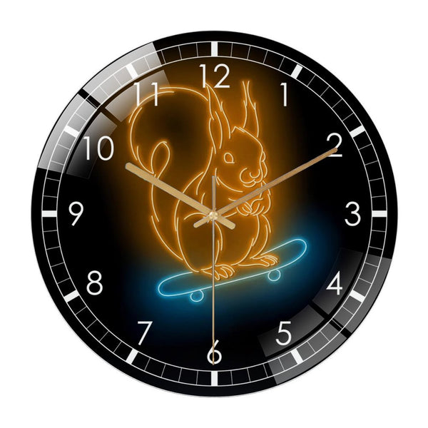 Decor Wall Clock: Squirrel Skateboarding Glass Wall Clock Squirrel Art Wall Clock for Home Decor, Christmas Gift for Bedroom, Game Room, Man Cave, Party Decor . Style 12×12inch(30×30cm)