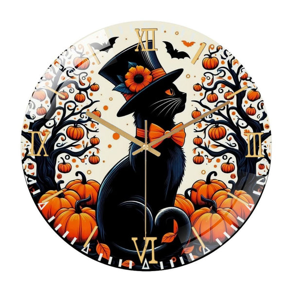 Decor Wall Clocks: Cat with Top Hat And Bow Tie Orange Black-round Glass Wall Clock for Homes, Bars, Offices, Man Caves, Garages, And Living Rooms. Also Makes A Great Gift.