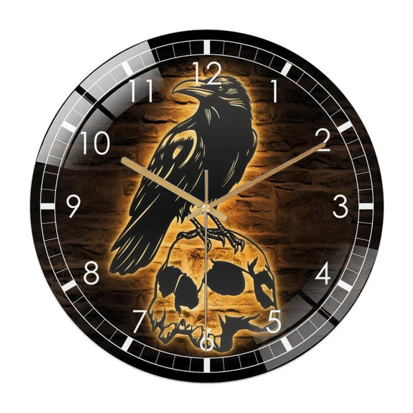 Decor Wall Clock: Raven Glass Wall Clock– Row on Skull Decor Wall Clock for   Home Decor Black Horror Bird Decoration Man Cave Hanging Door Housewarming Hallo-ween Gift
