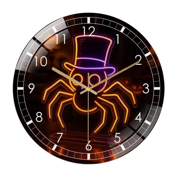 Decor Wall Clock: Hallo-ween Spider  in Hat Glass Wall Clock– Spooky Glass Wall Clock for Haunted House & Party Decor for Homes, Bars, Offices, Man Caves, Garages, And Living Rooms .