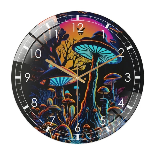 Decor Clocks: Trippy- Mushroom Forest Blacklight-  Glass Wall Clock, Neon Style Art Print Wall Clock for Homes, Bars, Offices, Man Caves, Garages, And Living Rooms .Also Makes A Great Gift.