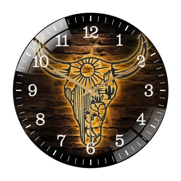 Decor Wall Clocks: Cow Skull Desert Glass Wall Clocks,Floral Boho Buffalo Longhorn Glass Wall Clocks, Home Decor Heifer Barn Nursery Decoration Housewarming Birthday Style 12×12inch(30×30cm)