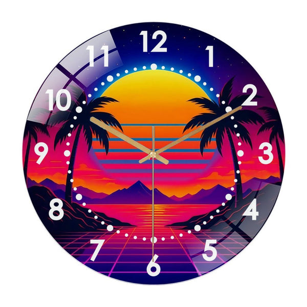 Decor Wall Clock: Neon Vaporwave  Glass Wall Clock,  80s Nostalgia Retrowave Wall Art Cool  Decor Wall Clock for Homes, Bars, Offices, Man Caves, Garages, And Living Rooms .Also Makes A Great Gift.