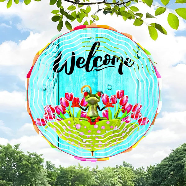 Funky Home Decor: Welcome Wreath Wind Chimes，Round Frog  Wind Chimes for Homes, Bars, Offices, Man Caves, Garages, And Living Rooms. Also Makes A Great Gift. Style 10*10in（25*25cm）