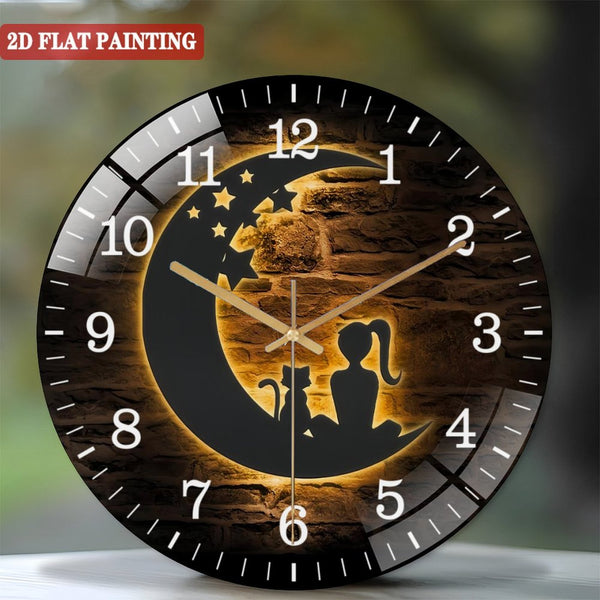 Decor Wall Clocks: Girl And Cat On The Moon Glass Wall Clocks,Moon Cat Glass Wall Clocks,Home Decor Crescent Moon Decoration Man Cave Hanging Door Housewarming Style 12×12inch(30×30cm)