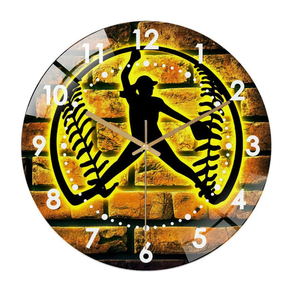 Decor Wall Clocks: Softball Pitcher Glass Wall Clock,  Pitcher Girl Wall Clock，Birthday Gift Dorm Decoration Gift For Daughter Sport Lover Gift Style 12×12inch(30×30cm)