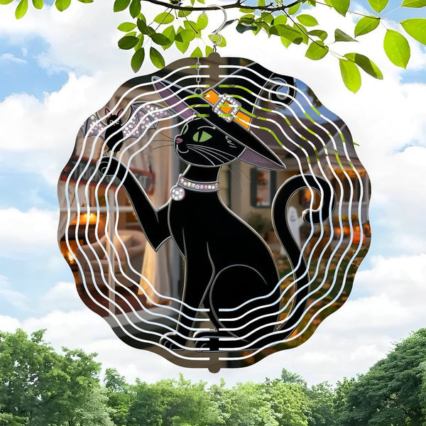 Funky Home Decor: Black Cat Decor Wind Chime Outdoor Decor,Witch Cat Stained Hallo-ween Black Cat & Bat Window Iron Wind Chime Ideal for Gardens, Patios, Terraces, Balconies, Style 10*10in（25*25cm）