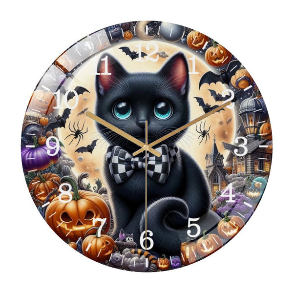 Decor Wall Clock: Black Kitty with Bow Tie Hallo-ween Glass Wall Clock, Funny Cat Decor Wall Clock  for Homes, Bars, Offices, Man Caves, Garages, And Living Rooms .Also Makes A Great Gift.