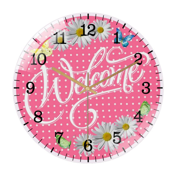 Decor Wall Clocks: Welcome Pink Daisy Spring Summer Glass Wall Clock ，Spring Decor Wall Clock for Homes, Bars, Offices, Man Caves, Garages, And Living Rooms. Also Makes A Great Gift.