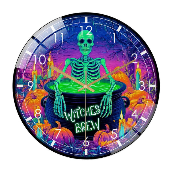 Decor Wall Clocks: Skeleton in Cauldron Glass Wall Clock,  Spooky Hallo Ween  Brew Decor Wall Clock  for Homes, Bars, Offices, Man Caves, Garages, And Living Rooms .Also Makes A Great Gift.