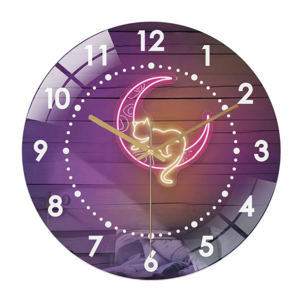 Decor Wall Clocks: Pink Moon And Cat Glass Wall Clock,Witchy Vibes Cat LoversDecor Wall Clock, for Homes, Bars, Offices, Man Caves, Garages, And Living Rooms. Hallo-ween Gift .Also Makes A Grea.