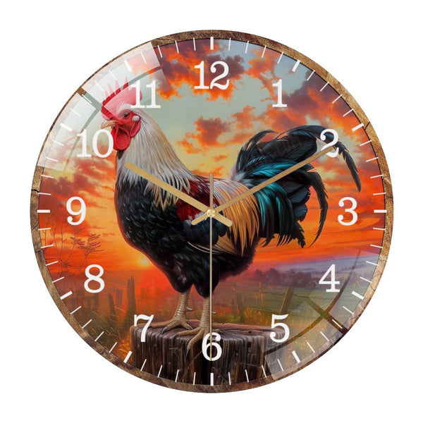 Decor Wall Clock: Beautiful Rooster  Glass Wall Clock,  Sunset Rooster Wall Clock  for Homes, Bars, Offices, Man Caves, Garages, And Living Rooms .Also Makes A Great Gift.