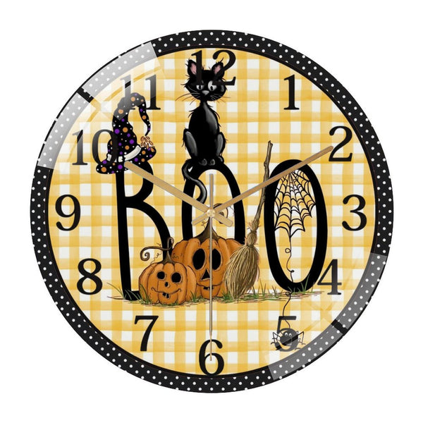 Decor Wall Clocks: Boo Black Cat Hallo-ween Glass Wall Clock for Homes, Bars, Offices, Man Caves, Garages, And Living Rooms. Also Makes A Great Gift. Style 12×12inch(30×30cm)