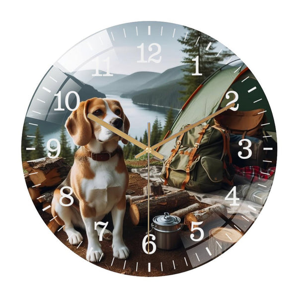 Decor Wall Clocks: Beagle Camping Dog Glass Wall Clock ,Nature Lake View Dog Lover  Wall Clock  for Homes, Bars, Offices, Man Caves, Garages, And Living Rooms. .Also Makes A Great Gift