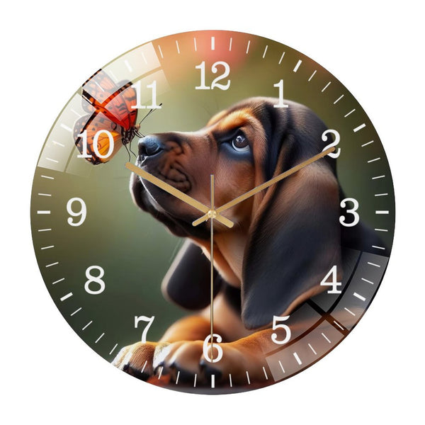 Decor Wall Clocks: Bloodhound with Butterfly  Glass Wall Clock ,Nature Dog Lover  Wall Clock  for Homes, Bars, Offices, Man Caves, Garages, And Living Rooms. .Also Makes A Great Gift.