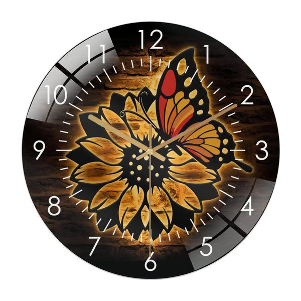 Decor Wall Clocks: Colorful Sunflower Butterfly Glass Wall Clock，Farmhouse  Home Decor Sunflower Barn Nursery DecorationGlass Wall Clock， Mother's Day Gift Style 12×12inch(30×30cm)