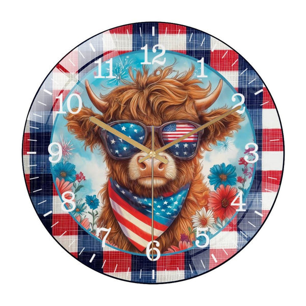 Decor Wall Clocks: Patriotic Highl And Cow Wearing Sunglasses  Glass Wall Clock,  Cool Cow Adorable Patriotic Cow  Decor Wall Clock  for Homes, Bars, Offices, Man Caves, Garages, And Living Rooms .