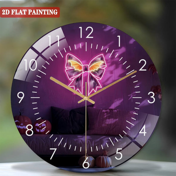 Clocks Wall Decor: Bat Wing Bow Glass Wall Clocks, Cute Halloween Glass Wall Clocks for Spooky Season Decor Trick Or Treat Party Display Or Girly Gothic Room Accent Style 12×12inch(30×30cm)