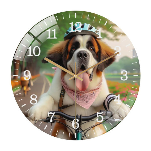 Decor Wall Clocks: Funny Saint Bernard Riding A Bicycle  Glass Wall Clock ,Pet Portrait Wall Clock ，Dog Lover  Wall Clock  for Homes, Bars, Offices, Man Caves, Garages, And Living Rooms.