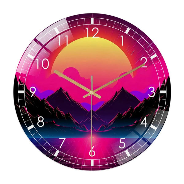 Decor Clocks： Sunset Print Retrowave Wall Art  Glass Wall Clock, 80's Nostalgia Decor Cyber Punk Wall Clock for Homes, Bars, Offices, Man Caves, Garages, And Living Rooms .Also Makes A Great Gift.