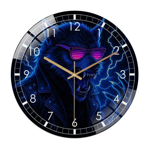 Decor Wall Clock: Werewolf Vaporwave Decor Glass Wall Clock, Cyberpunk- Aesthetic  Decor Wall Clock for Homes, Bars, Offices, Man Caves, Garages, And Living Rooms .Also Makes A Great Gift.