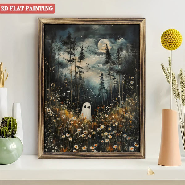 Room Decor Art Prints: Ghost in Magical Forest Wildflowers Meadow Wood  Art Prints , Whimsical Halloween Decor, Charming And Spooky Wood  Art Prints  for Fall Season Dark Academia.  12x16inch(30x40cm)