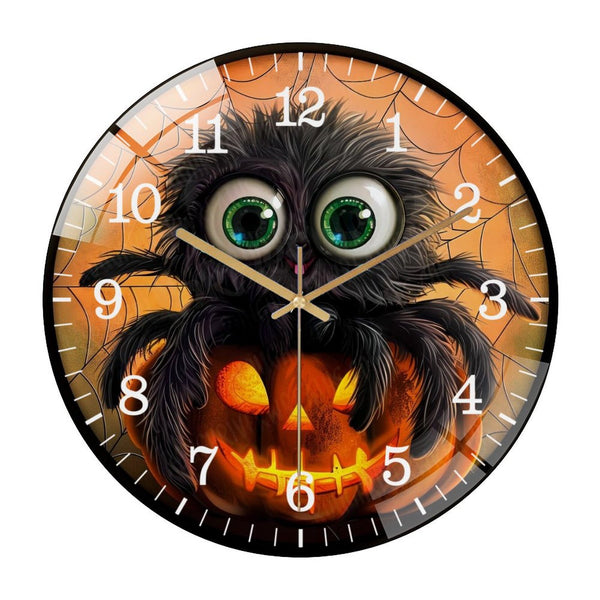 Decor Wall Clocks: Cute Furry Black Spider on A Pumpkin Glass Wall Clock ,Hallo-ween Spider Wall Clock for Homes, Bars, Offices, Man Caves, Garages, And Living Rooms. for Your Home Or Gift