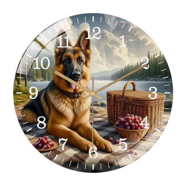 Decor Wall Clocks: German Shepherd Picnic  Glass Wall Clock ,Dog Lover  Wall Clock  for Homes, Bars, Offices, Man Caves, Garages, And Living Rooms. .Also Makes A Great Gift. Style 12×12inch(30×30cm)