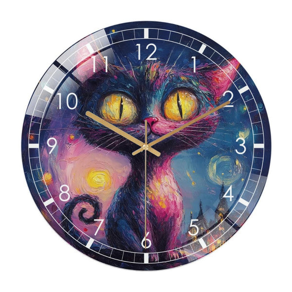 Decor Clocks： Starry Night Cheshire Kitty Black Cat Watercolor Glass Wall Clock, Cheshire Kitty Black Cat Wall Clock for Homes, Bars, Offices, Man Caves, Garages, And Living Rooms .