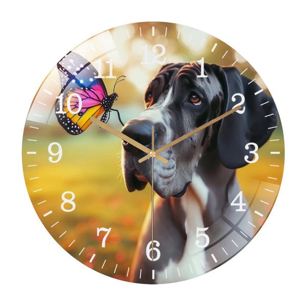 Decor Wall Clocks: Great Dane with Butterfly on Nose Glass Wall Clock ,Dog Lover  Wall Clock  for Homes, Bars, Offices, Man Caves, Garages, And Living Rooms. .Also Makes A Great Gift