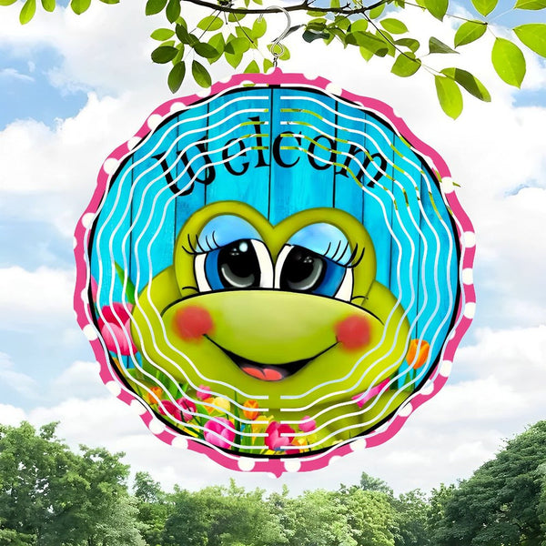 Funky Home Decor: Cute Frog Welcome Wreath Wind Chimes ,Round Frog  Summer  Wind Chimes for Homes, Bars, Offices, Man Caves, Garages, And Living Rooms. Also Makes A Great Gift. Style 10*10in（25*25cm）