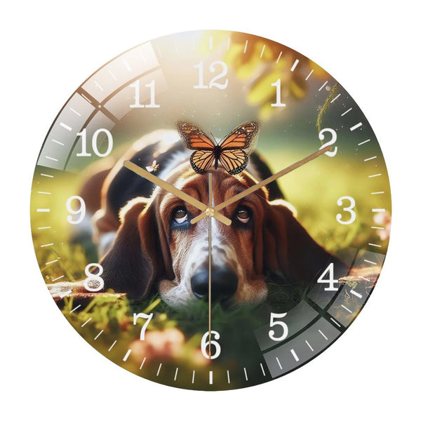 Decor Wall Clocks: Bassett Hound with Butterfly on It's Head Looking Up Dog Glass Wall Clock ,Dog Lover  Wall Clock  for Homes, Bars, Offices, Man Caves, Garages, And Living Rooms.