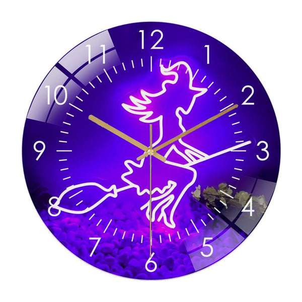 Decor Wall Clocks: Halloween- Witch Glass Wall Clock,Witch On A Broom Wall Art Decor  Wall Clock, for Homes, Bars, Offices, Man Caves, Garages, And Living Rooms. Hallo-ween Gift .