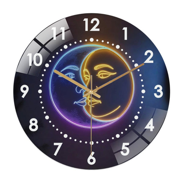 Decor Wall Clock: Moon And Sun Neon Glass Wall Clock, Moon Room Decor Wall Clock for Homes, Bars, Offices, Man Caves, Garages, And Living Rooms .Also Makes A Great Gift. Style 12×12inch(30×30cm)