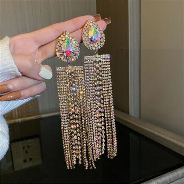 Pendientes de cristal con forma de gota de agua en color dorado, de gran tamaño, con borlas largas y diamantes de imitación para mujer.